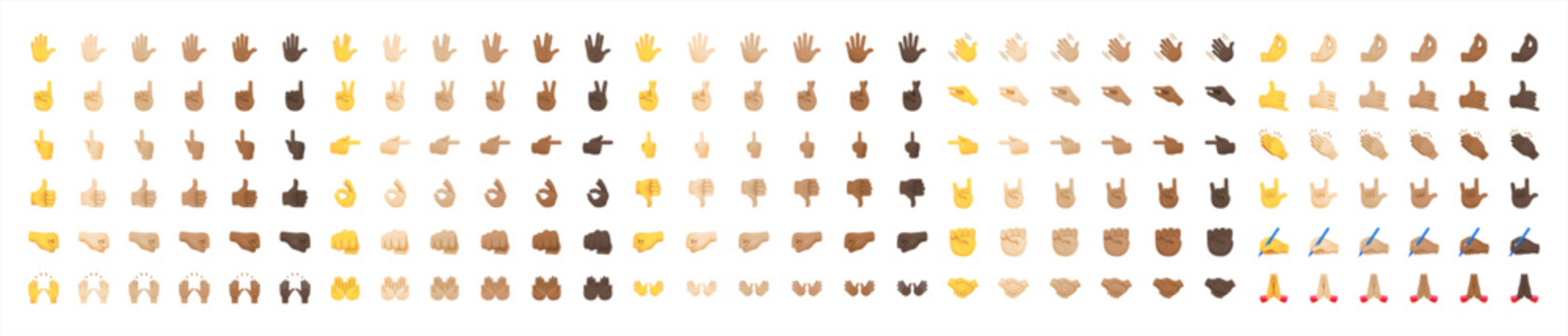 All hand emojis, stickers in all skin colors. Hand emoticons vector illustration symbols set, collection. Hands, handshakes, muscle, finger, fist, direction, like, unlike, fingers. Vector.