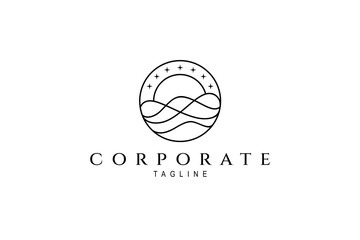 Fototapeta premium Seascape logo with sun and waves decorated with stars in circle frame in linear design style