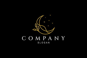 Crescent logo with decorated leaves and stars in luxury gold color with linear design style