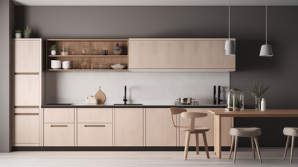 Simple minimalist modern kitchen cozy comfortable and elegant for house and apartment, cabinet, kitchen sink, and some kitchen appliances, dinning room, good interior.
