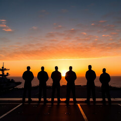5 Navy service men standing on the edge of the aircraft carrier USS Enterprise (CV-6) at dawn in silhouette looking out at the vast expanse of the ocean with a sky filled with hues of orange and pink.