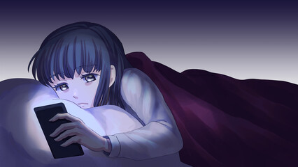 夜にスマートフォンを見る少女