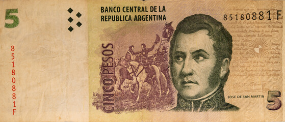 Old banknote of Argentina of 5 pesos in color
