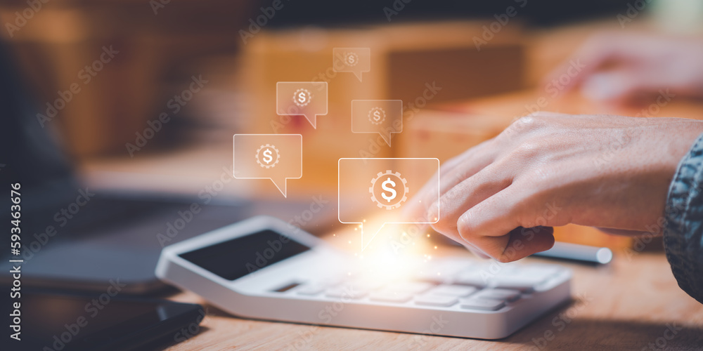 Poster entrepreneurs use calculator to calculate documents, profit and loss statement review concept of company performance, effective tax deduction planning for individuals and companies paying tax rates.