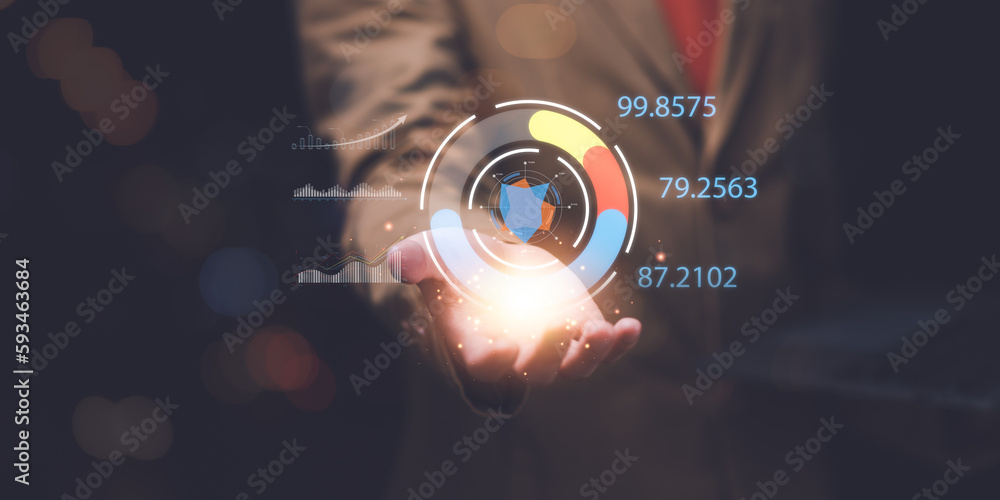 Poster businessman reading graph report and business statistics charts ,analysis and improvement of corpora