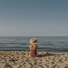 Fototapeta na wymiar Aesthetic summer vacation fashion concept. Young tanned woman wearing a swimsuit and straw hat is sitting and relaxing on tropical beach with sand and watching at sea