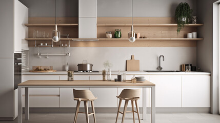 Simple minimalist modern kitchen cozy comfortable and elegant for house and apartment, cabinet, kitchen sink, and some kitchen appliances, dinning room, good interior.
