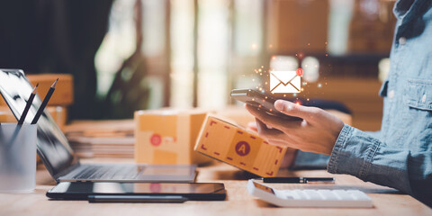 entrepreneurs checking electronic mail ,Email marketing and newsletter concept ,Digital...