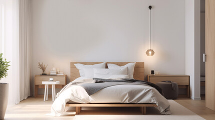 Simple minimalist modern bedroom cozy comfortable and elegant for house and apartment, good interior.