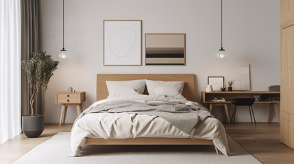 Simple minimalist modern bedroom cozy comfortable and elegant for house and apartment, good interior.