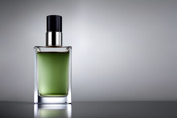 Green bottle perfume mockup studio shot, isolated background, marketing and product presentation.