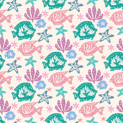 Beautiful seamless pattern with seaweeds, Sea underwater plants, ocean coral reef and aquatic kelp,  algae and seashells, jellyfish. Marine  background.  Vector illustration.  