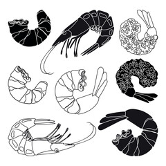 Shrimp icon set. Shrimp or prawn silhouette illustration, for Asian cuisine seafood