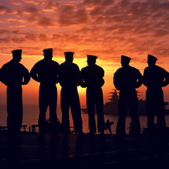 5 Navy service men standing on the edge of the aircraft carrier USS Enterprise (CV-6) at dawn in silhouette looking out at the vast expanse of the ocean with a sky filled with hues of orange and pink.