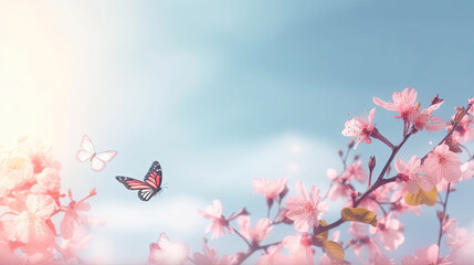 Spring banner branches of blossoming cherry agains with butterfly with Generative AI Technology
