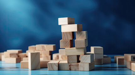 Stacked wooden blocks on wooden desk against blue background with Generative AI Technology