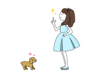 子犬に自信満々に何かを話している可愛い女の子の手描きイラスト素材