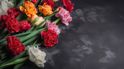 Beautiful carnation and tulip bouquet on concrete loft grey wall with Generative AI Technology