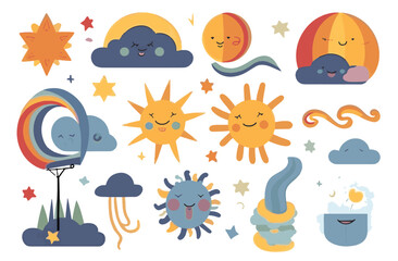 Various Clipart of Sun and Wether Element in the Style of Emotive Storytelling Techniques, Cute and Dreamy, Set of Vector