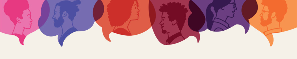 Profile of woman and man inside speech bubble.
