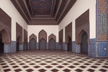 Moroccan riad decorated with an arabesque style geometric mosaic, generative ai