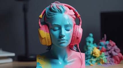 Plaster bust of a girl in headphones with a colorful pride face with Generative AI Technology