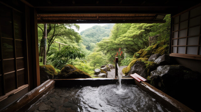Open air hot spring onsen with waterfall and green nature with Generative AI Technology