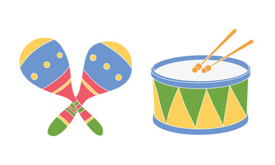 Maracas and drum. Set of traditional musical instruments. Hand drawn vector illustration.