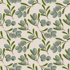 Seamless vector pattern with ink hand drawn olive tree twigs. Vintage olive background