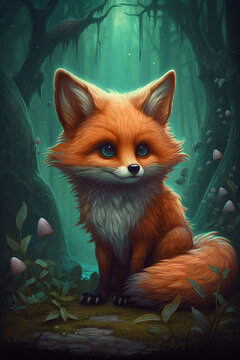 Enchanting Adventures of a Little Fox in a Magical Realm: A Comic-Style Digital Painting with Vivid Contrasting Colors