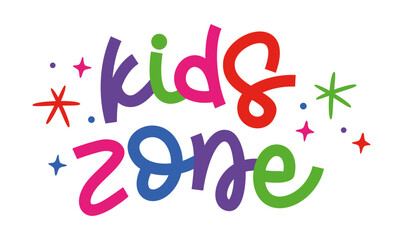 Kids zone. Banner for childrens playroom decoration. Kids zone vector cartoon logo badges. Game room signboard. Child playing zone vector illustration. Playroom area. Baby and kids zone game text.