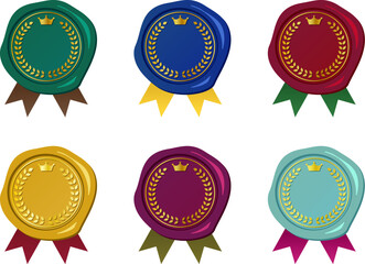 月桂冠と王冠を配したカラフルなシーリングスタンプと短いリボンのパーツセット