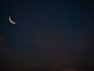 Fototapeta na wymiar Moon Muharram Mubarak Ramadan Concept,Crecent Moon and Sky Dark Night Background Symbols,New Year Muharram,Eid al-fitr,Arabic Eid Al-adha Backdrop,Kareem Traditional Holy Allah Islam Muslim Sunset.