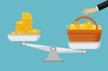hand choosing a basket of golden eggs on a balance scale rather than money