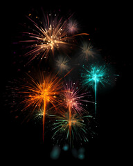 Fototapeta premium colorful illustration of a fireworks on a dark night background to celebrate new year or independence day, generative ai