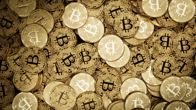 Bitcoin Cryptocurrency represented as Gold Coins. Decentralized Asset Wallpaper. 3D Render.