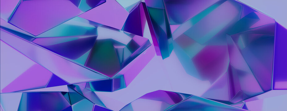 Modern Abstract Wallpaper, with Refractive Glass Fragments. Vibrant, Purple and Blue 3D Render. 