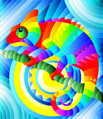 Illustration in stained glass style with abstract geometric rainbow chameleon on a blue background with sun