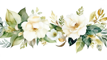 Watercolor seamless border 3, illustration with green gold leaves, white flowers