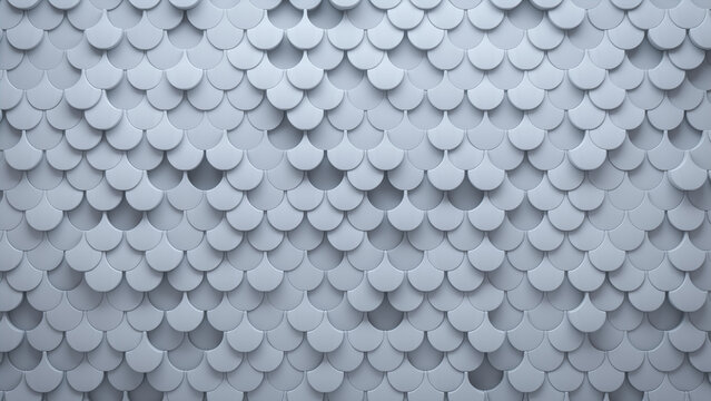 Semigloss, Fish Scale Mosaic Tiles arranged in the shape of a wall. Futuristic, White, Blocks stacked to create a 3D block background. 3D Render