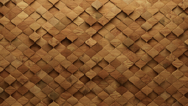 Soft sheen, Wood Wall background with tiles. 3D, tile Wallpaper with Arabesque, Timber blocks. 3D Render