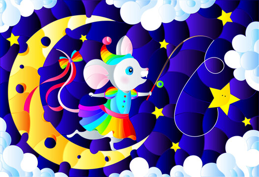 Illustration in stained glass style with a cute cartoon mouse with a fishing rod standing on the moon, against the background of the night sky with clouds and stars