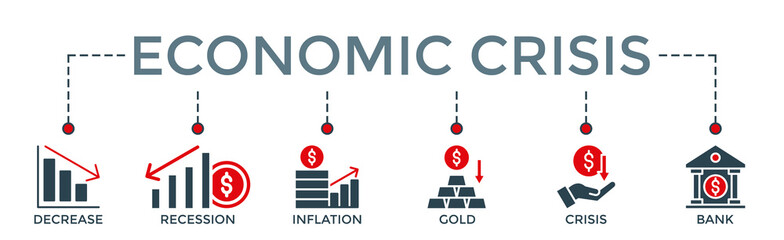 economic crisis, banner vector illustration concept with the website icons of  decrease,recession,inflation,gold,Crisis and Bank on white background - obrazy, fototapety, plakaty