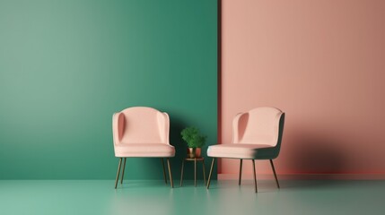 Green and Pink Background with Chairs and Plant. Interior Design Concept with copy-space. Generative AI.