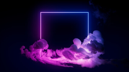 Pink and Blue Neon Light with Cloud Formation. Square shaped Fluorescent Frame in Dark Environment.
