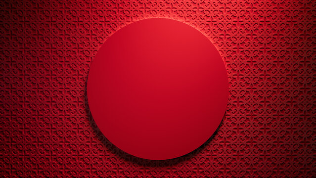 Red Asian Design Template featuring Circle Frame with copy-space. Lunar New Year Background with 3D Pattern.