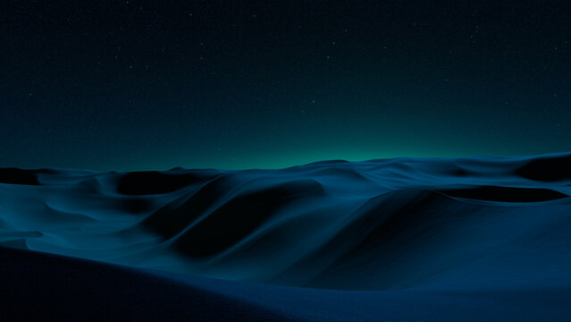 Undulating Sand Dunes form an Empty Desert Landscape. Night Wallpaper with Navy Gradient Starry Sky.