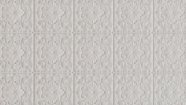 White 3D Rococo Pattern Background. Elegant Light Decorative Wallpaper.