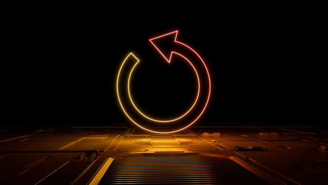 Orange and Yellow neon light refresh icon. Vibrant colored Reload technology symbol, on a black background with high tech floor. 3D Render