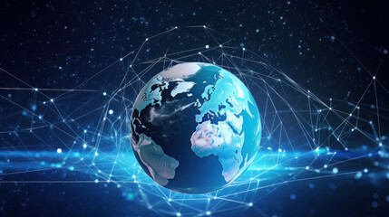 Communication technology for internet business, with a global world network and telecommunication on earth, emphasizing the interconnectedness of modern society, with elements of cryptocurrency, block